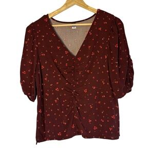 Old Navy Burgundy Floral V Neck‎ Ruched Sleeve Top Womens Medium